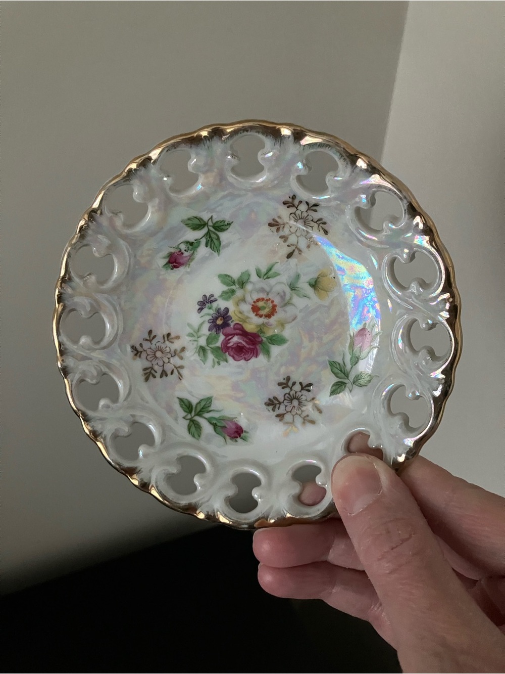 Vintage Japanese Iridescent White Floral Porcelain Trinket Dish with Gold Trim